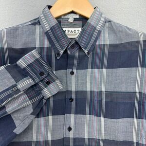 80s‎ Impact Plaid Button Up Big Man Shirt Long Sleeve Casual 2XL Lightweight VTG